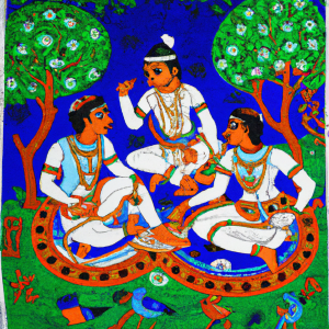 A madhubani painting depicting three male friends discussing a document