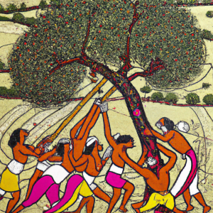 Madhubani painting showing people wrapping a sprawling tree
